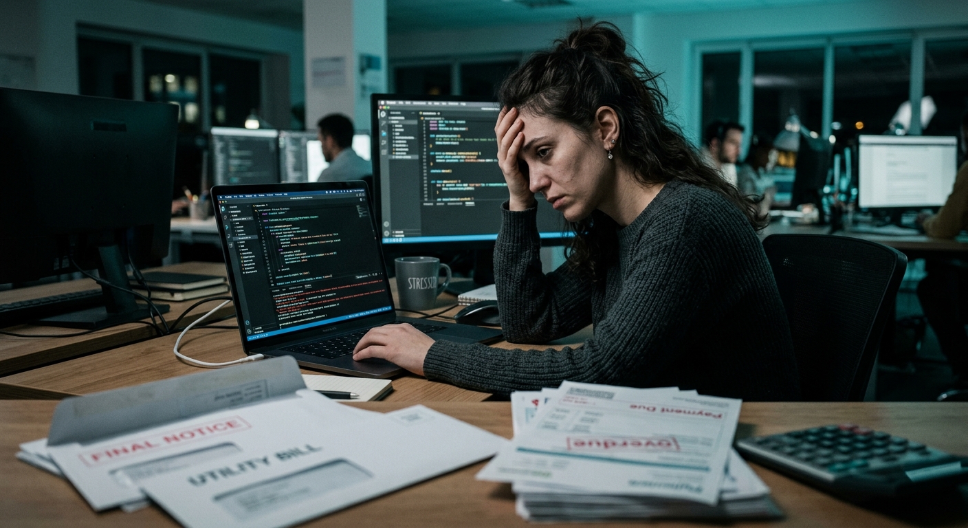מתכנתת לחוצה עובדת שעות נוספות מול מחשב נייד, כשבקדמת השולחן מונחת ערימה של חשבונות שלא שולמו והתראות חוב.